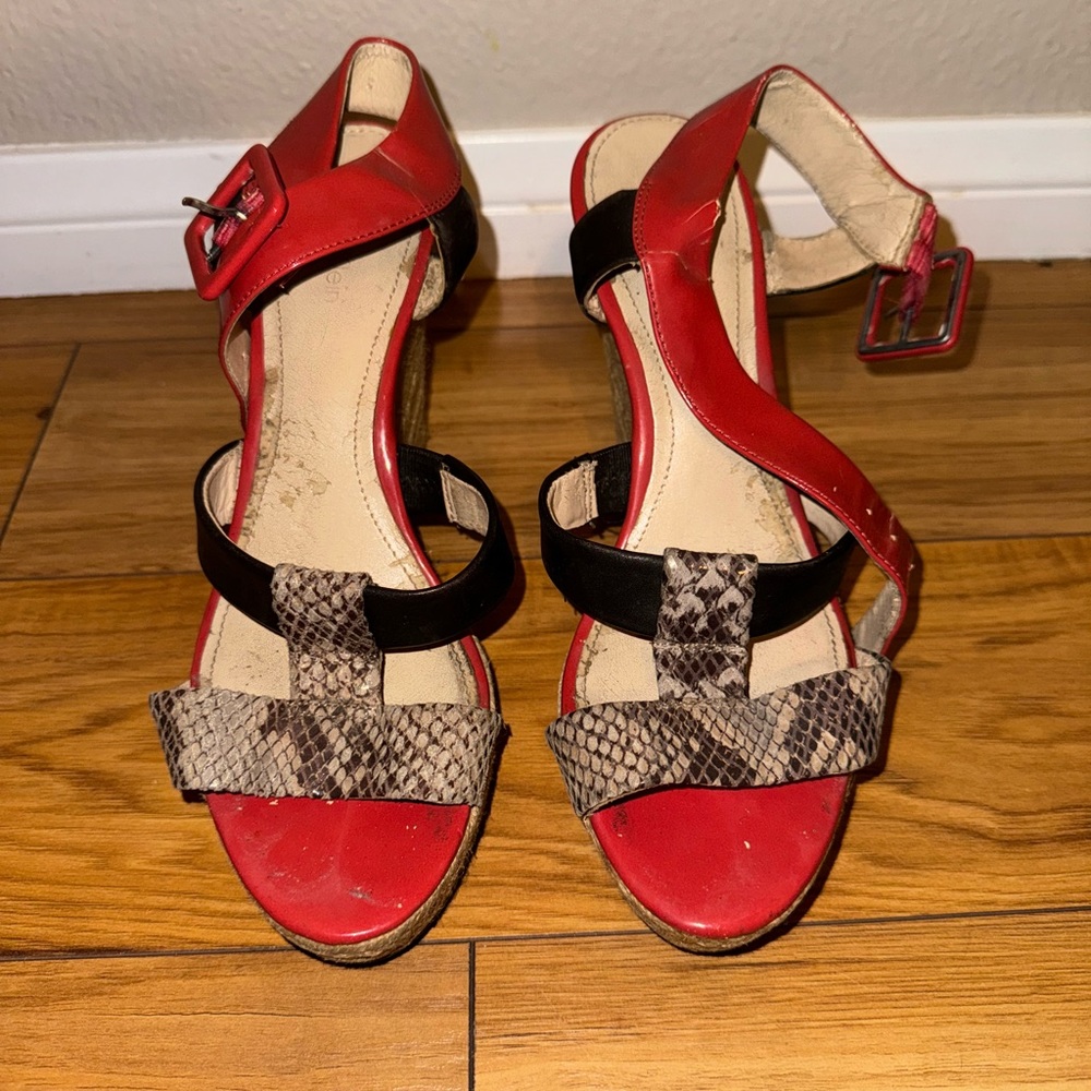 Calvin Klein 2000’s orange animal print mix wedge sandal, 8.5
